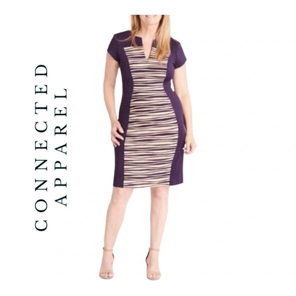 1028. Connected APPAREL KNEE LENGTH DRESS SIZE 8 PURPLE/CREAM IN COLOR